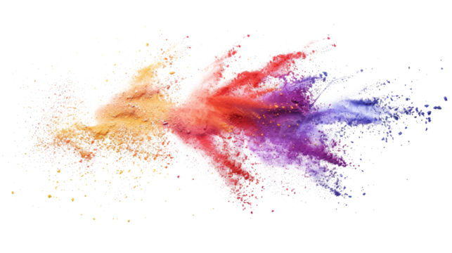 Colorful chalk fragments and powder flying through the air, explosion effect, isolated on white, clipping path, cut out