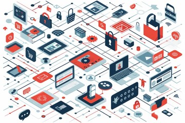 Isometric illustration of a secure digital shopping network with various devices and security elements