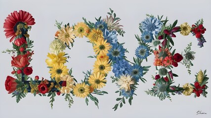 A horizontal arrangement of the word 'LOVE' made up of vibrant and colorful flowers