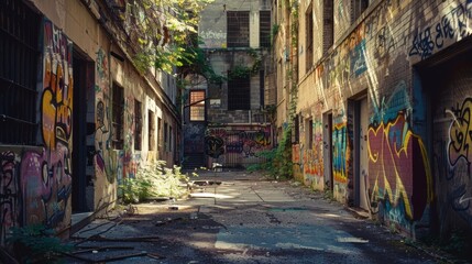 Abandoned urban alley with graffiti for horror or fantasy themed designs