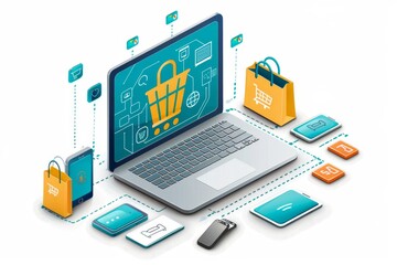 Detailed illustration of a secure online shopping network with a laptop and various shopping elements