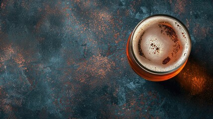 Top view of full beer glass on textured dark surface with froth top