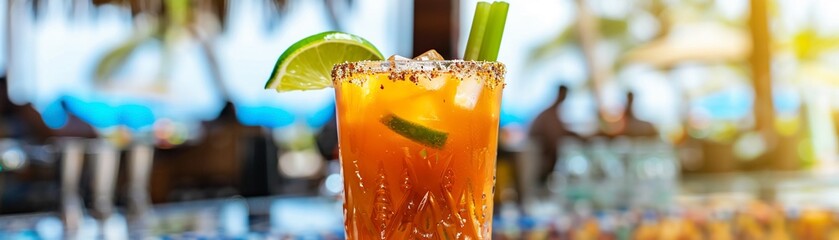 A tangy and spicy michelada in a salt-rimmed glass, with lime wedges and a celery stick, set against a lively outdoor bar backgroundHighly detailed photography