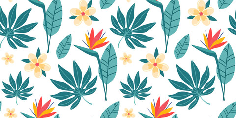 Seamless pattern with tropical leaves and flowers in simple design. Summer pattern with exotic plants for fabric and wallpaper. Flat vector illustration.
