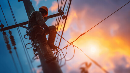 An electrician working on electric pole 