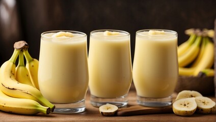 Three full glasses of banana smoothie sit on a table next to several loose bananas.

