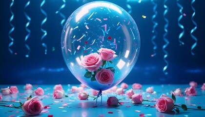 disposable photography of huge transparent balloon, which filled with roses with confetti