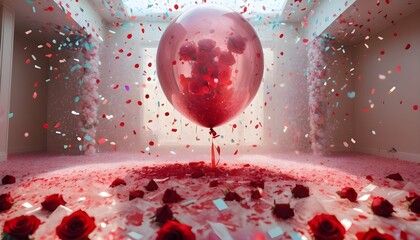 disposable photography of huge transparent balloon, which filled with roses with confetti