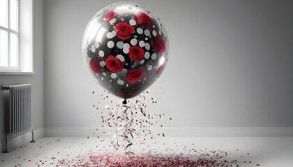 disposable photography of huge transparent balloon, which filled with roses with confetti