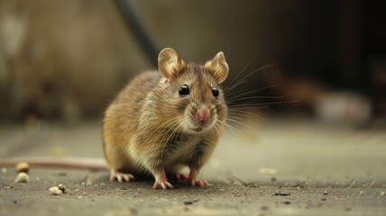 Brown rodent with large eyes, curious expression, standing on ground surface