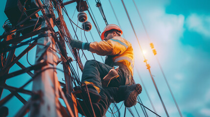 An electrician working on electric pole 