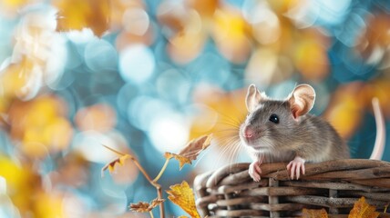 Grey rat perched on edge of basket, colorful blurred background