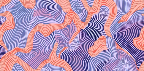Obraz premium A seamless pattern with digital illustration of orange and blue stripes, their forms intertwined in an optical illusion, The design incorporates peach pink and lavender purple, use vector art style fo