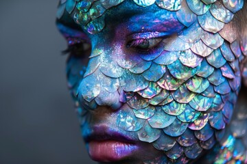 An intimate close-up showing an individual with an exquisite makeup design imitating blue iridescent fish scales, enhancing the human features