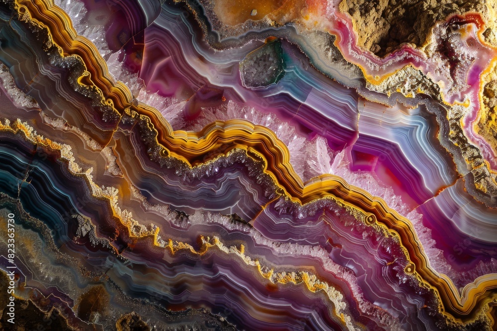 Poster The cross-section of an agate stone revealing a spectrum of colors and layered patterns, showcasing its natural beauty
