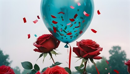 disposable photography of huge transparent balloon, which filled with roses with confetti