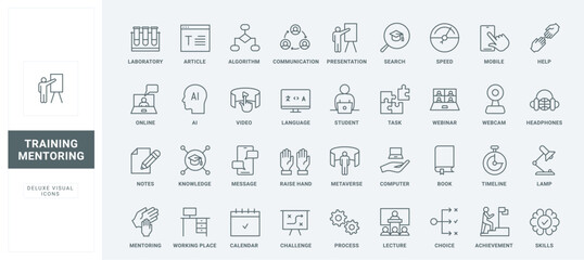 Guidance, coach workshop to help and teach students improve potential skills thin black and red outline symbols, vector illustration. Training, mentor and business expert advices line icons set