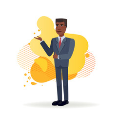 African American businessman pointing at copyspace. Serious man in suit advertising something. Business concept. Vector illustration can be used for topics like advertising, marketing