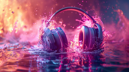 Headphones on a magenta surface with a burst of light, energetic and vibrant.