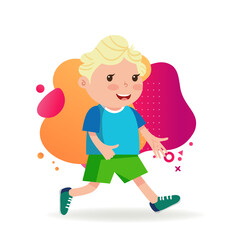 Carefree boy in sportswear running. Little kid with blond hair in T-shirt, shorts and trainers. Childhood and sport concept. Vector illustration can be used for topics like leisure activity, hobby.