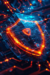 Cutting-edge cyber security with a glowing virtual shield protecting data streams.
