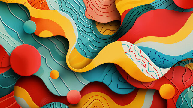A whimsical abstract design with playful, hand-drawn circles in bright colors, connected by wavy, squiggly lines, creating a fun and lively composition3D vector illustrations