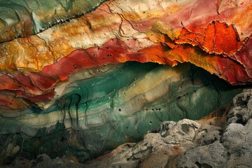 Detailed image of colorful stratified rock formations inside a cave, displaying a spectrum of hues and textures