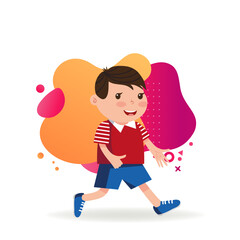 Carefree boy running. Little kid in T-shirt, shorts and trainers. Childhood and sport concept. Vector illustration can be used for topics like leisure activity, hobby.