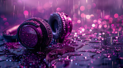 Headphones on a purple background with a splash of glitter, conveying a magical listening...