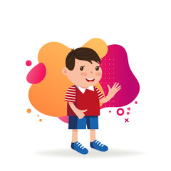 Cheerful boy waving hand. Little kid in T-shirt, shorts and trainers. Childhood concept. Vector illustration can be used for topics like gesturing, greeting.