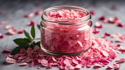 The image is of a jar filled with pink rose petals, with some petals scattered on the table next to it.

