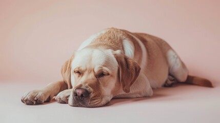 A dog is laying on a pink surface