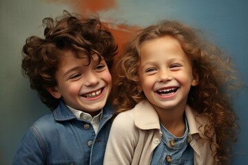 Radiant Happy two kid smiling faces. Closeup photo face of cute guys. Generate Ai