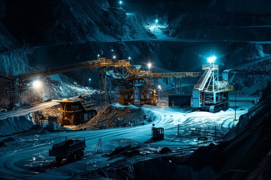 Snow-covered open-pit mining site under the cold night sky, with industrial lights casting a glow on the frozen landscape