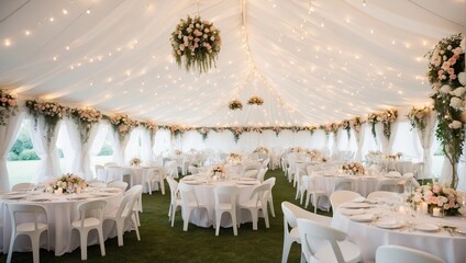 A large white party tent is set up on a grassy field. There are many tables and chairs inside the tent, and people are walking around and talking. It looks like a wedding reception is taking place.

