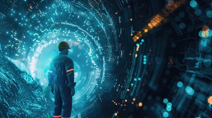 Miner icon surrounded by data flows, illustrating the process of extracting valuable digital information. Data mining visualization