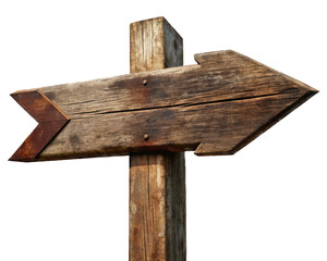 Naklejka premium Vintage Wooden Road Sign with Arrow Isolated on White Transparent Background. Vintage wooden road sign featuring an arrow pointing to the right, png element