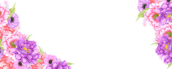 Hand drawn watercolor flowers bouquet banner frame border isolated on white background. Can be used for banner, label and other printed products.