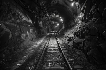 Naklejka premium Monochrome image that brings an intense focus to the light at the end of a foreboding mine tunnel with railway tracks