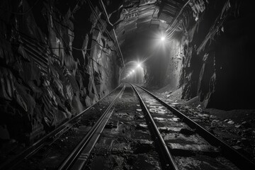 Obraz premium An image capturing the haunting atmosphere of an underground railway with distant lights under a rocky canopy