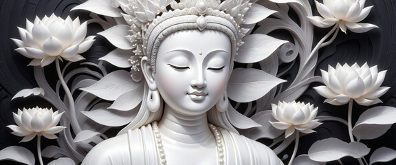 Close up of sculpture white buddha and lotus