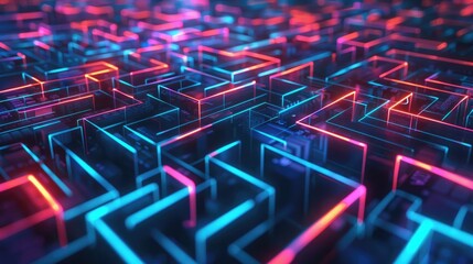 Neon-lit labyrinth constructed of data pathways, reflecting complexity in navigating data landscapes. Data mining visualization