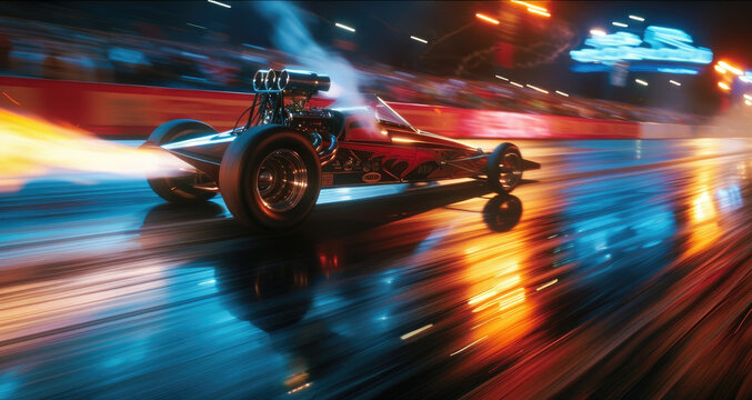 Dragster car at the start of the race with fire and smoke behind the car