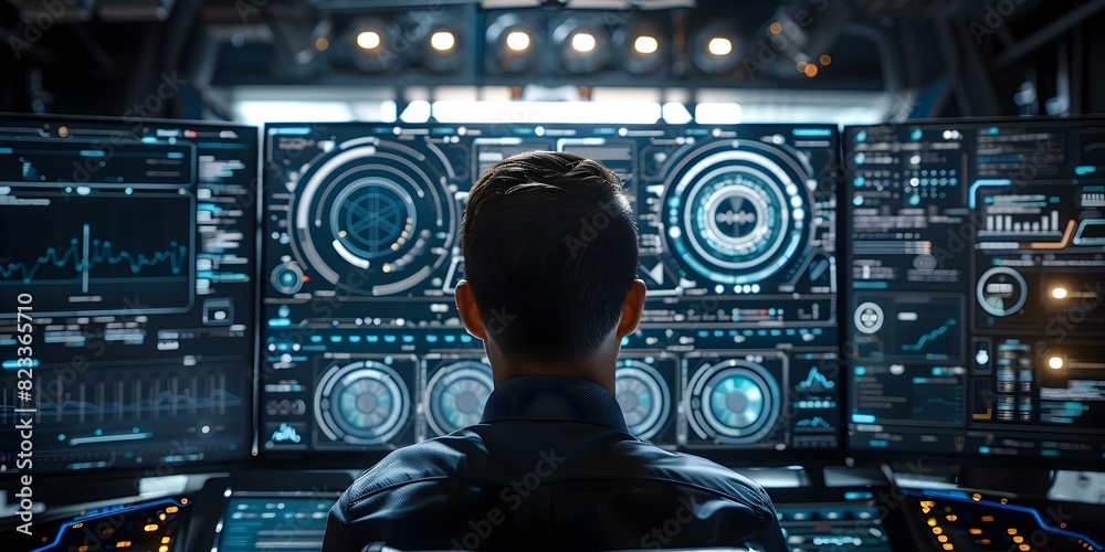 Poster a male programmer analyzes data on a futuristic virtual interface screen. concept virtual interface,