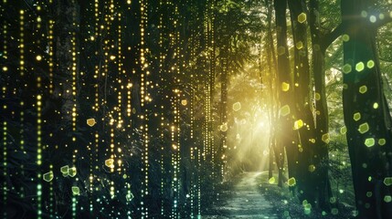 Fototapeta premium Data streams shimmer through a mystical forest, symbolizing the blend of nature and tech in data mining. Data mining visualization