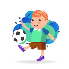 Happy boy with red hair playing football. Little kid in sportswear with Victory gesture. Childhood and sport concept. Vector illustration can be used for topics like leisure activity, hobby, success