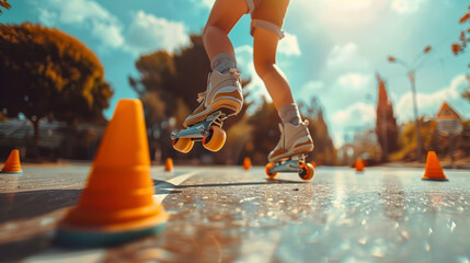 Energetic teenager rollerblading through cones in a sunny park.
