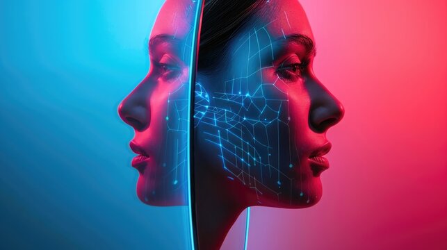 Mirror reflects a human face and its digital twin, highlighting the personal aspect of data in our lives. Data mining visualization