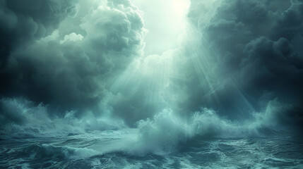 Sunrays piercing manipulated clouds dramatically light up stormy sea