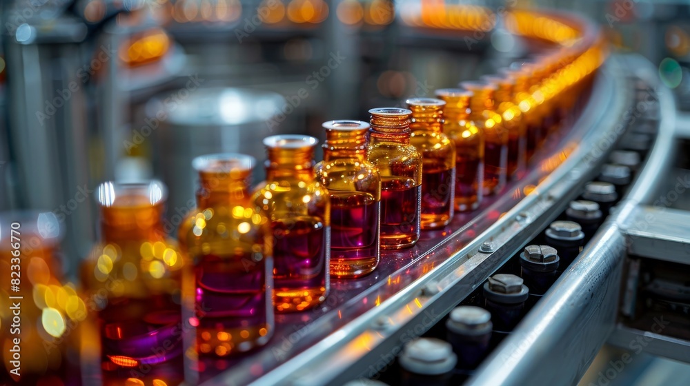 Wall mural Amber glass bottles used for medicine pass through a precision conveyor system in a factory - Wall murals
